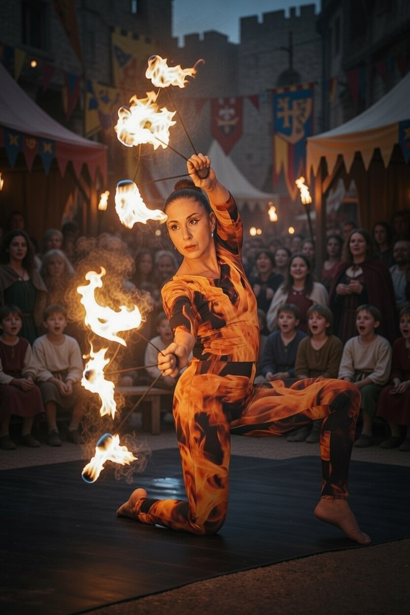 Artista circense realizando un espectáculo de fuego